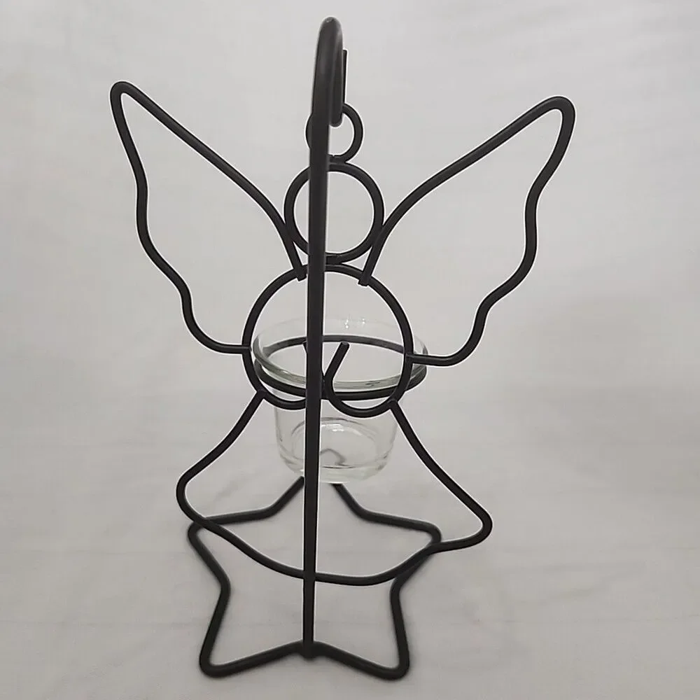 Angel Shaped Hanging Black Metal With Glass Votive Cup Holder And Hanging Stand